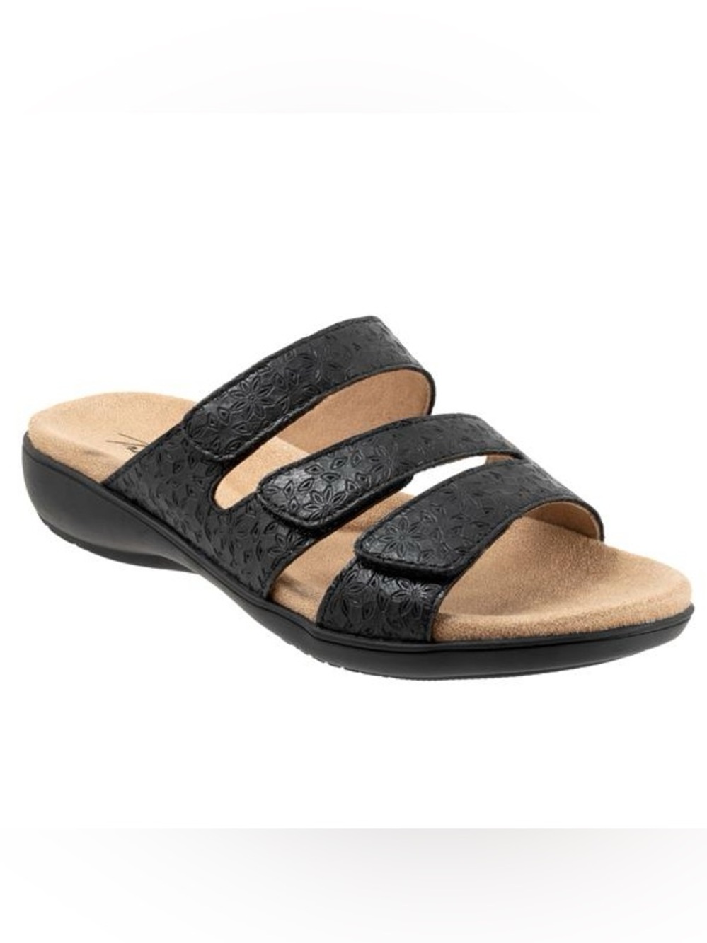 NWOT Trotters WomensRose Tool Floral Embossed Black Triple-Strap Sandal Size 10N